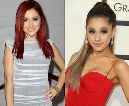 A before and after picture of Ariana Grande.